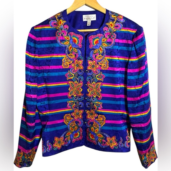 EXCELLENT Vintage Adrianna Papell Silk 2Piece Suit Blazer Skirt Stripe Floral 12 - Picture 2 of 13